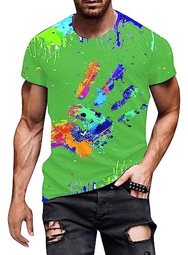 Herren Basic Rundhalsausschnitt Kurzarm T-Shirts Bunt Handabdruck Sommer Bluse Männer 3D Drucken Lustig Shirts Alltag Party Tops Herren T-Shirt Kurzärm Tees Männer Casual Shirt Tops (0301A-Green, XL)