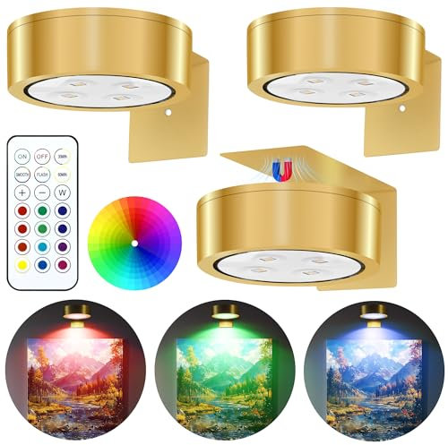 3 Pezzi Luce per Quadri Magnetiche, 13 Modalità di Colore RGB Lampada a Parete con Batterie Wireless LED, con Telecomando Luce per Quadri, per Display artistici, Cornici, Ritratti - Oro RGB