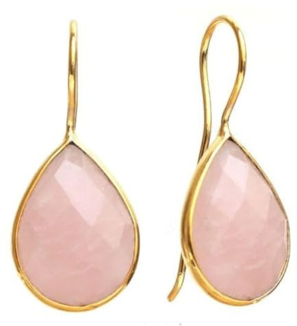 Gempires Rose Quartz Pear Shaped Teardrop Crystal Earrings, Bezel Earring, Natural Gemstone Dangle Drop Earrings, Everyday Wear, Gift for Girlfriend, Length 1.25 inch