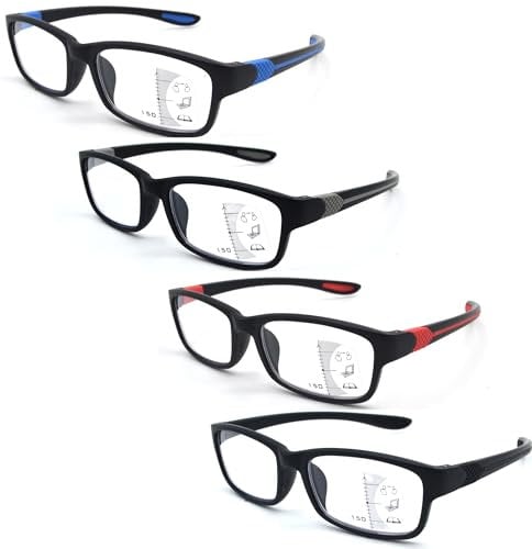 SIKAITE 4 Pack Progressive Multifocus Reading Glasses Blue Light Blocking Spring Hinge No Line Multifocal Computer Readers (4 Colors, 3.5, x)