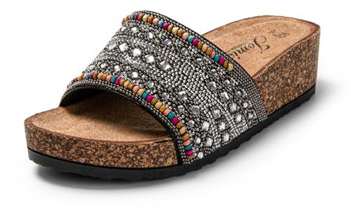 JOMIX Pantoletten Damen Sommer Sandalen mit Kork Fußbett Weiche Boho Keilabsatz Strandsandalen Elegant Glitzer Kristall Strass Wandern Meer Strand Slipper (Schwarz, 39 EU)