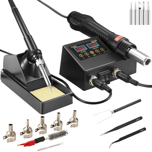 TLBZK Stazione di saldatura di riparazione, stazione di saldatura SMD ad aria calda 2 in 1 e kit saldatore con pistola termica, punte per saldatura, ugelli ad aria calda, pinzette