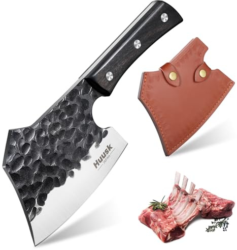 Huusk Meat Cleaver Knife Heavy Duty Bone Chopper, Hand Forged Kitchen Axe with Sheath, Full Tang Bone Chopping Knife, Japanese Butcher Knife for Meat Cutting, Kitchen Father Christmas Gift Idea Men