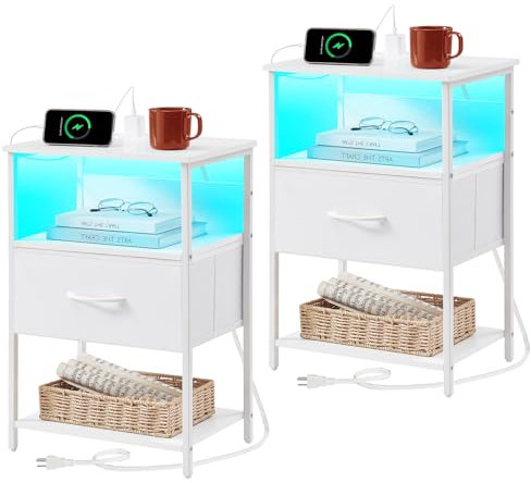 Somdot Bedside Table Set of 2 with Charging Station and LED Light, Bedroom Bedside Cabinet with 2 Outlets and 2 USB Ports, Nightstand Side Table End Table for Dorm Kids Room Closet, White Leather