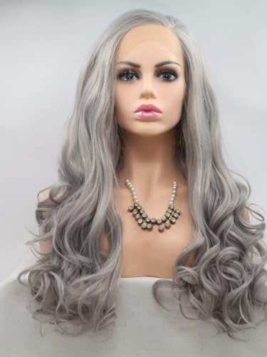 Xiweiya 13x4 Silver Grey Lace Front Wig Long Body Wave Grey Hair Heat Resistant Fiber Wig 180% Density Hair-reparement Wigs Natural Hairline 24inch