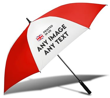 TheDogTagCo Parapluie rouge personnalisé avec photo ou logo – Équipement de pluie léger et durable, fabriqué au Royaume-Uni, idée cadeau unique, blanc