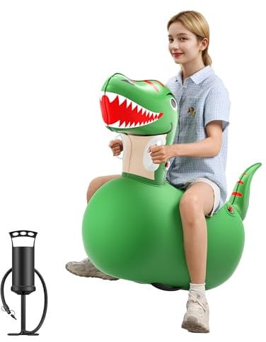 QPAU Inflatable Bouncy Dinosaur with Hand Pump, Heavy Duty Giant Bouncy Pal, 220lbs load capacity, Bouncy Animal Hopper Toy, Indoor Outdoor Hopping Horse for Girls Boys Ages 5+