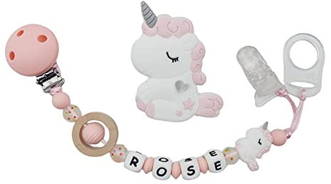 Attache tétine sucette personnalisée/prénom/bébé naissance cadeau, modèle licorne silicone (Attache tétine + Porte Clés)