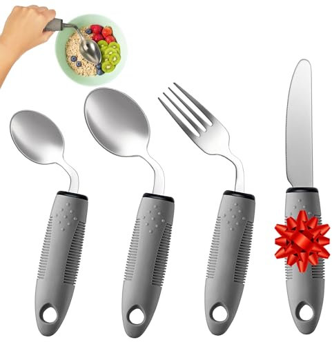 4-teiliges Adaptives Besteck-Set - 42° Winkel-Besteck für Parkinson-Patienten, Gewichtetes Besteck bei Tremor, Ergonomisches Schweres Besteck mit Griffverstärkung (Grau: Rechtshänder)