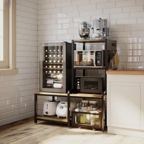 COCOLUCKY Mini Fridge Stand with Storage,Mini Fridge Cabinet,Bakers Rack with Power Outlet,Coffee Bar Cabinet,Microwave Oven Stand Rack with Large Capacity Basket for Dorm Home Office s1