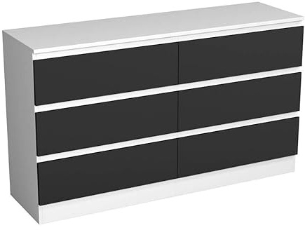 URBNLIVING Modern White Wooden Chest with Black 6 Drawers for Bedroom or Office Storage Versatile Bedside Table and Stylish Cabinet for Organizing Clothes Accessories Work Place Supplies and Items