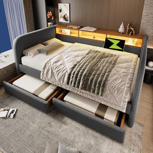 YESGIGA Polsterbett Tagesbett 140x190 cm, Schlafsofa mit LED und USB-C Ladefunktion, Daybett mit 2 Schubladen und Stauraum-Kopfteil (Grau)