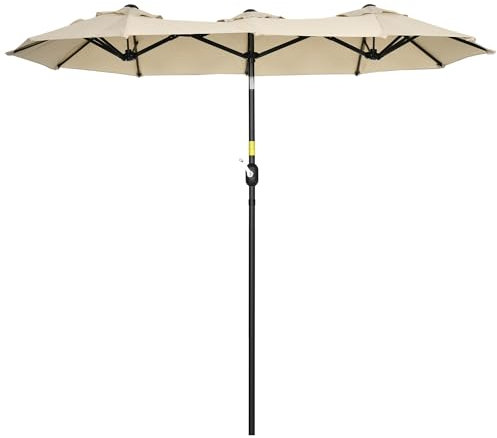 Outsunny Ombrellone da Giardino Doppio Inclinabile a 45° con Manovella e 3 Prese d'Aria, Ombrellone da Esterno in Acciaio e Poliestere, 295x152x222 cm, Cachi