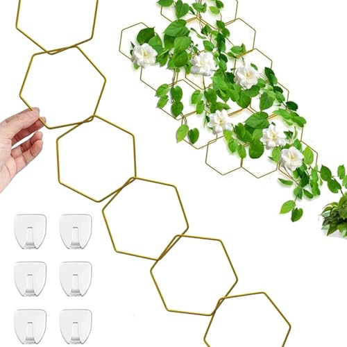 18 Stück Kettenspalier für Kletterpflanzen, sechseckige Ranke, Pflanzenstütztopf, Wandspalier, dekoratives Gartenzubehör für Zimmerpflanzentopf (inkl. 6 Haken zum Aufhängen, Gold)