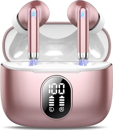 Wireless Earbuds, 2025 New Bluetooth 5.4 Headphones HiFi Stereo with 4 ENC Mic, 40H Mini Ear Buds In-Ear Noise Cancelling Earbuds with LED Screen, Ultra Light Bluetooth Earphones Pink for Android iOS