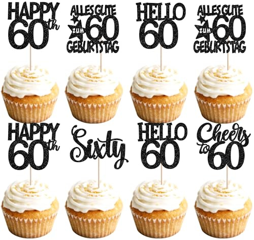 30 Stück 60th Geburtstag Tortendeko Alles Gute zum Geburtstag 60 Kuchen Deko Glitzer Sixty Cupcake Toppers für Prost auf 60th Jahre Jahrestag Party Kuchen Dekorationen Schwarz