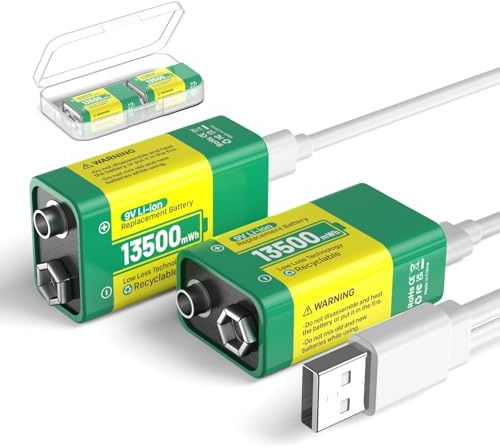 2 Pack 9 V Rechargeable Battery, 13500mWh 9 V High Capacity Lithium Batteries, with Storage Box & USB-C Cable for Alarms, Toys, Smoke Detectors, Microphone, Torches etc.