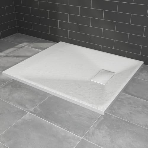 NRG 900 x 800mm SMC Shower Tray, White Shower Base and Fast Flow Waste | Slate Effect, Non-Slip Gel Coat, Centre Side Waste, Easy Clean, for Bathroom