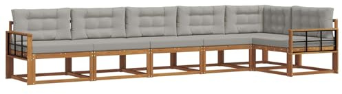 vidaXL Outdoor-Sofagarnitur mit Kissen 6 pcs Natürlich und Hellgrau, Garten Lounge Möbel, modernes Outdoor Sofa, langlebiges Patio Sectional Sofa, Akazien entspannendes Set für Komfort im Hinterhof