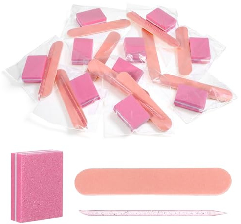 10 Sets Disposable Manicure Kit, Individually Packaged Nail Kit with Mini Nail File, Mini Nails Buffer, Wood Nails Stick for Salon & Home, Pink