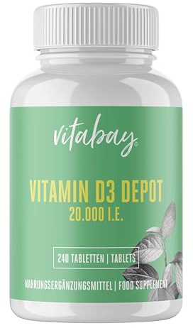 Vitabay Vitamin D3 Depot 20.000 I.E. – 240 vegane Tabletten – Hochdosiert | ohne unerwünschte Zusätze – Trägt zur Unterstützung des Immunsystems und zur Erhaltung normaler Knochen bei
