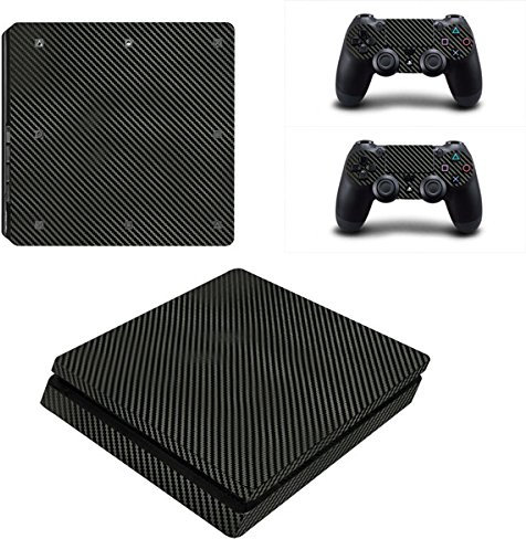 Morbuy PS4 Slim Skin Vinyl Autocollant Decal Sticker pour Playstation 4 Slim Console + 2 Dualshock Manette Set (Black Carbon Fiber)