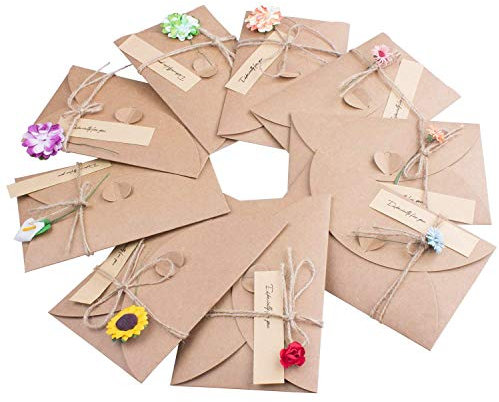 ZARRS Grußkarten und Umschläge, 9 Multipack Retro-Kraftpapier-Karten, innen blanko, handgefertigte Karte für Geburtstag, Weihnachten, Hochzeit, Jahrestag, Muttertag, getrocknete Blumen und Jute-Schnur