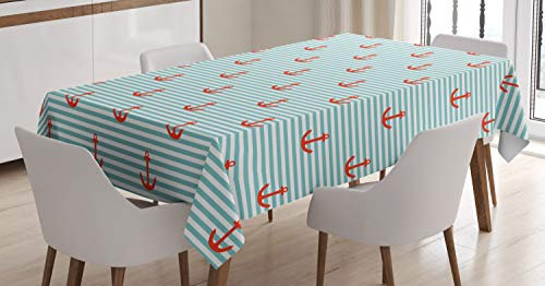 ABAKUHAUS Anker Tischdecke, Pastell Stripes Naval, Für den Inn und Outdoor Bereich geeignet Waschbar Druck Klar Kein Verblassen, 140 x 170 cm, Zinnoberrot Türkis Weiß