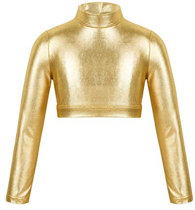 ranrann Mädchen Crop Top Bauchfrei Glänend Oberteil Kurz Shirt Langarm T-Shirt mit Stehkragen Kinder Tanz Ballett Sport Gymnastik Turnen Outfit Gold 134-140/9-10 Jahre