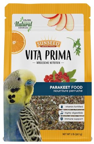 Sunseed Vita Prima Parakeet Food 2 lb - Grains Seeds Vegetables Fruits and Live Micro Organisms Delivering Wholesome Daily Nutrition and Foraging Variety Your Parakeet Deserves
