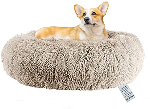 OKPOW Donut Hundebett Fuer Mittelgroße Hunde: Flauschig Welpenbett Rund Kuscheliges - Anti Angst Katzenbett Comfy - Plüsch Haustierbett Waschbar