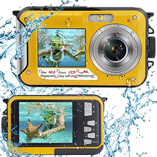 iSunFun Fotocamera impermeabile digitale Full HD 2.7K 48MP Camera impermeabile per lo snorkeling Camera subacquea a doppio schermo con ritardante e zoom digitale 16X