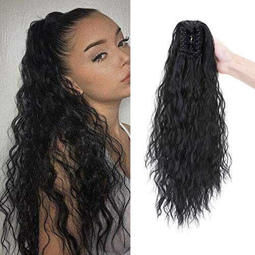 Claw on Ponytail Extensions de Cheveux Naturel Vague de Maïs Queue de Cheval Postiche Hair Extensions pour Femme 60cm Noir foncé