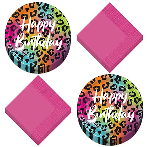 Wild Child Happy Birthday Animal Print Paper Dessert Plates and Napkins - Colorful Wild Animal Print (Serves 16)