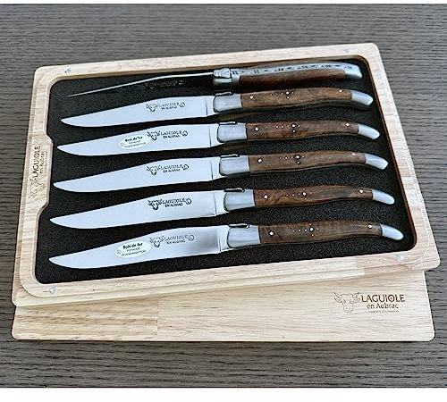 Laguiole en Aubrac L uxury - Juego de 6 cuchillos para carne de acero inoxidable totalmente forjados, con asas de madera de hierro del desierto, refuerzos brillantes de acero inoxidable