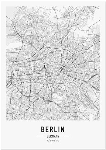 JUNOMI® Berlin Poster DIN A2 Schwarz Weiss, DIN A2 Wohnzimmer Deko, Modernes Wandbild, Berlin Bild, Wandbild ohne Rahmen, Stadtplan Poster