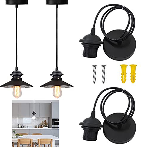 Basetousual 2 Sets E27 Lampenfassung, E27 Lampenfassung Metall Lampenaufhängung, Lampenaufhängung Schwarz, mit 1 Meter Kabel, E27 Fassung Schwarz, Hängeleuchter Kit Diy Kleiner Kronleuchter