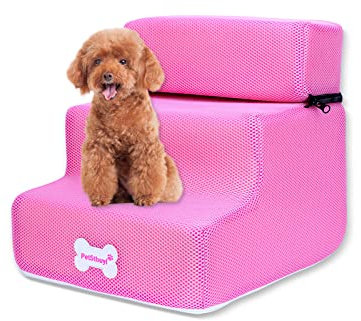Galatée Hundetreppe, Waschbarer Bezug Mit Reißverschluss Abnehmbare 3-Stufige Haustiertreppe, Haustierrampe Aus Hochdichtem Schaumstoff, Schlafsofa Für Hunde(Netzmaterial, Rosa)