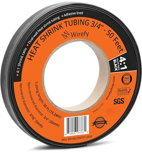 Wirefy 3/4 Heat Shrink Tubing - Large Diameter - 4:1 Ratio - Adhesive Lined - Industrial Heat-Shrink Tubing - 50 Feet Roll - Black