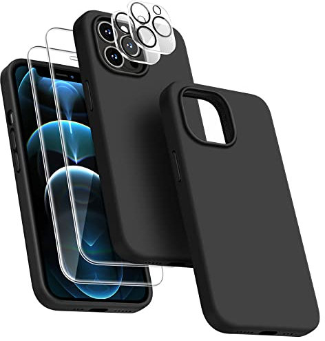 Dssairo [5 in 1 für iPhone 12 Pro Max Hülle 6,7 Zoll, mit 2 Pack Displayschutzfolie + 2 Pack Kameraobjektivschutz, Flüssigsilikon Ultra Slim Stoßfest Schutzhülle Handyhülle (Schwarz)