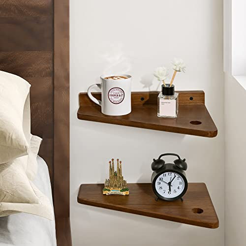 Mesitas de Noche de Madera Flotante, Pequeña Estantería de Pared Marrón, Mesillas de Noche Estrechas Colgantes para Dormitorio Abuhardillado, Estantería para Esquina, Set de 2, 33x20cm