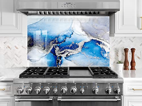 Myphotostation Tempered Glass Splashback 28Wx18H''Blue Silver Abstract Backsplash Design Cooker Wall Backsplash Panel Glass Splashback for Kitchen Panel Design Blue Marble Splashback Stove