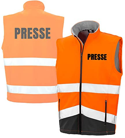 Fassbender-Druck WARNWESTEN - PRESSE Sicherheitsweste ORANGE aus Softshell - ORANGE Warnweste nach EN ISO 20471 zertifiziert - Unisex und hochwertigem Reflektorstreifen (Gr. XXL)
