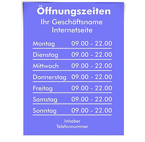 Öffnungszeiten Aufkleber - weiß - ohne Rahmen - Schaufensterbeschriftung für Werbung Laden Geschäft - Bistro Scheibe