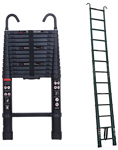 Telescopic Ladder, 12 FT Extension Ladder, Aluminum Lightweight Extendable Ladder, 2 Detachable Ladder Hooks, Multi-Purpose Ladder, Collapsible Ladder, Rv Ladder, Attic Ladder, 330 Pound Capacity