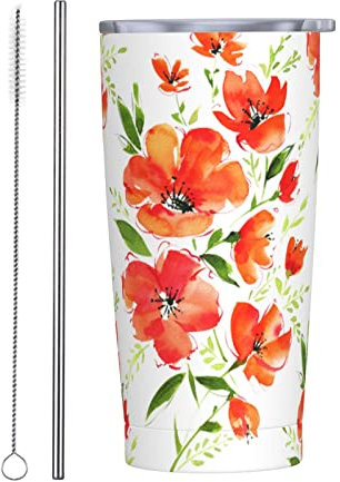 FJAUOQ Gobelet isolé Aquarelle Coquelicot Fleur Botanique 20 OZ avec Couvercles et Paille en Acier Inoxydable Tasse à Vide Café Eau Étanche Tasse de Voyage pour la Maison Bureau École