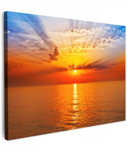 MuchoWow© Impression sur Toile Peinture 70x50 cm Tableau Mural Decoration Salon Reproductions de Tableaux Murale Moderne Coucher de soleil - Mer - Ciel - Orange - Horizon - Eau