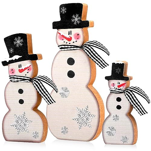 Suzile 3 Pcs Winter Table Decorations Wooden Centerpiece Block Signs Tiered Tray Desktop Figurine for Indoor Fireplace Mantel Home Decor Holiday Xmas(Black,Snowman)