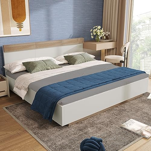 Oyemige Doppelbett 180x200 cm, Holzbett mit Kopfteil und Lattenrost, Schlafzimmer Schwebebett, Erwachsenenbett Jugendbett Betten, Bettgestell aus Massivholz, Ohne Matratze, Weiß & Natur