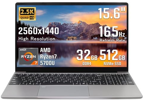UDKED 15.6 inch Laptop Metal Laptops AMD Ryzen 7 5700U 165Hz,32G RAM 512G NVMe SSD,2560x1440 QHD,8 Core 16 Threads,Business Computer,Fingerprint,Backlit,HDMI,Data Type-C,USB 3.0
